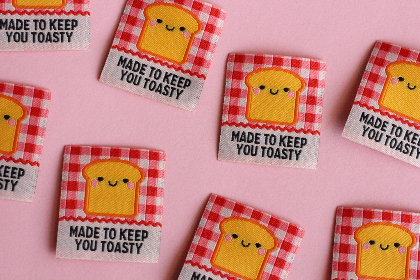 Red Gingham Woven Sewing Labels – Pack of 5 “Made to Keep You Toasty” Tags, Fun Fabric Labels for Handmade Clothes & Quilting - The Cosy Club Handmade