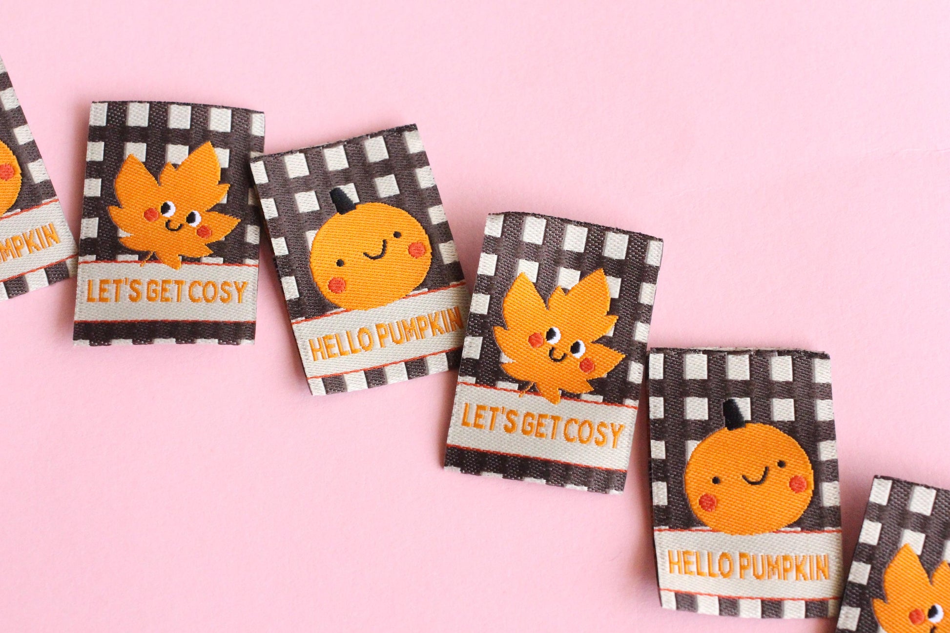HELLO PUMPKIN / LET'S GET COSY | Autumn Fall Double Sided Woven Sewing Labels (6 Pack) - The Cosy Club Handmade