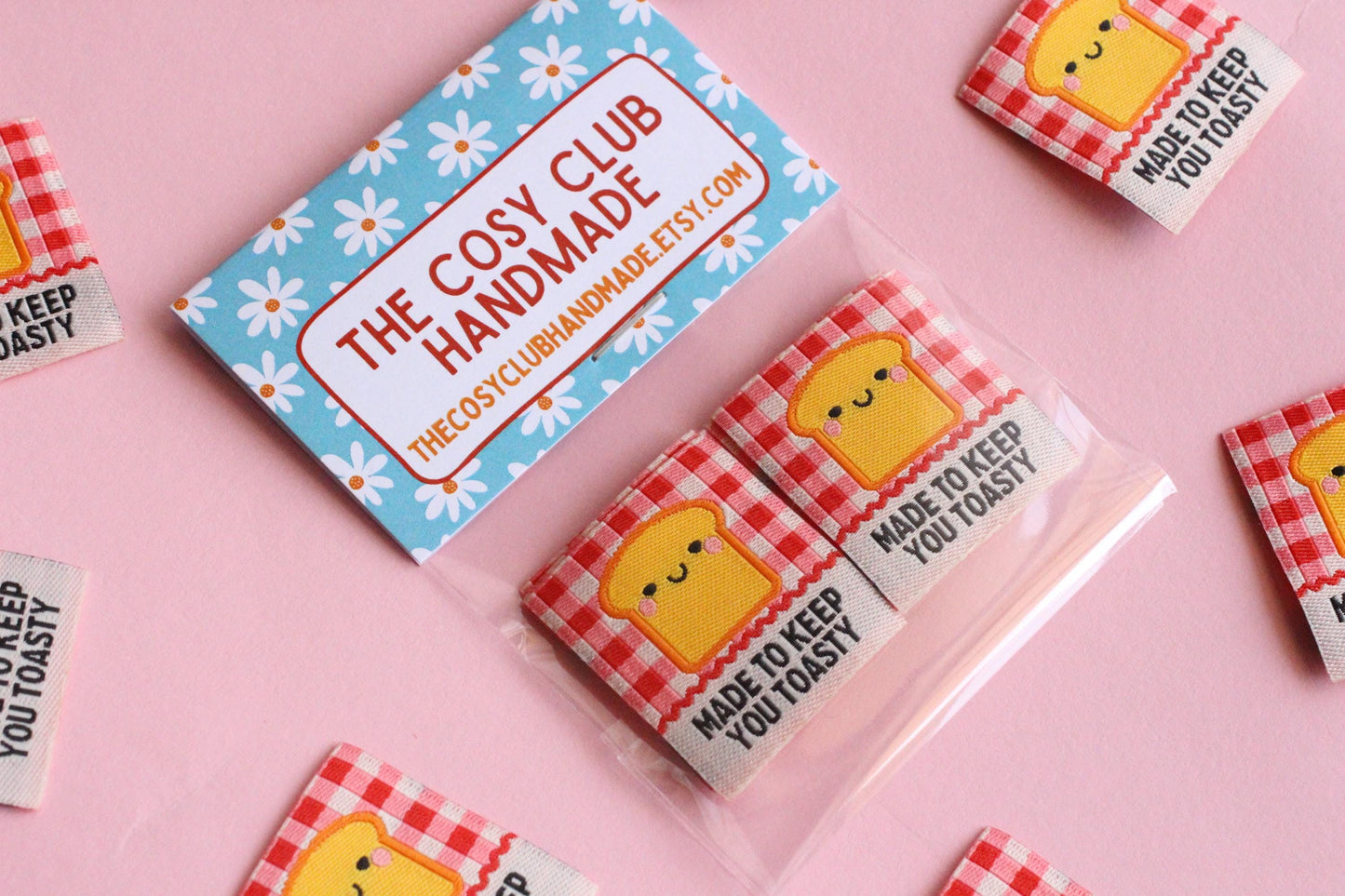 Red Gingham Woven Sewing Labels – Pack of 5 “Made to Keep You Toasty” Tags, Fun Fabric Labels for Handmade Clothes & Quilting - The Cosy Club Handmade