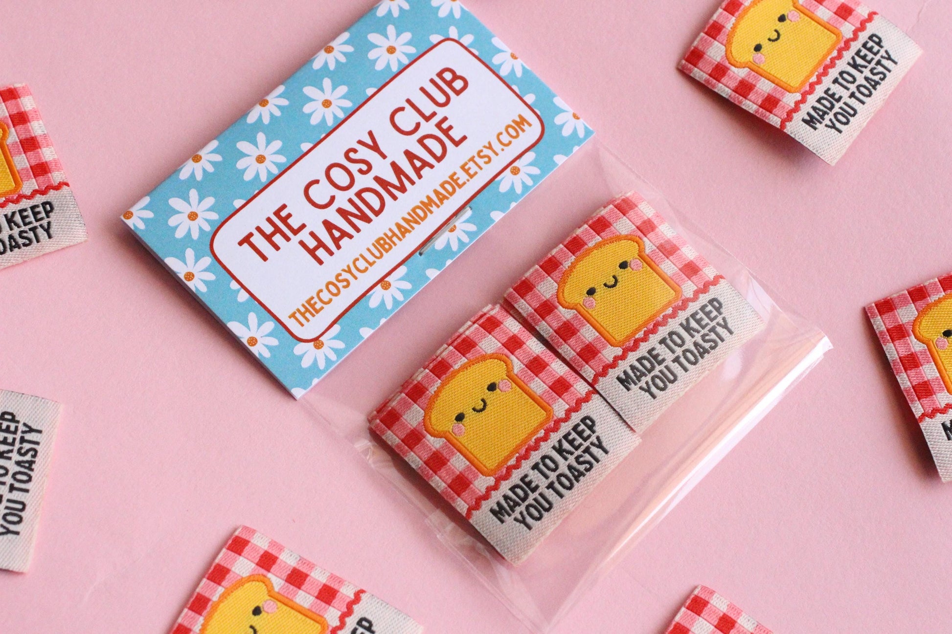 Red Gingham Woven Sewing Labels – Pack of 5 “Made to Keep You Toasty” Tags, Fun Fabric Labels for Handmade Clothes & Quilting - The Cosy Club Handmade