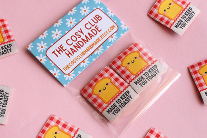Red Gingham Woven Sewing Labels – Pack of 5 “Made to Keep You Toasty” Tags, Fun Fabric Labels for Handmade Clothes & Quilting - The Cosy Club Handmade