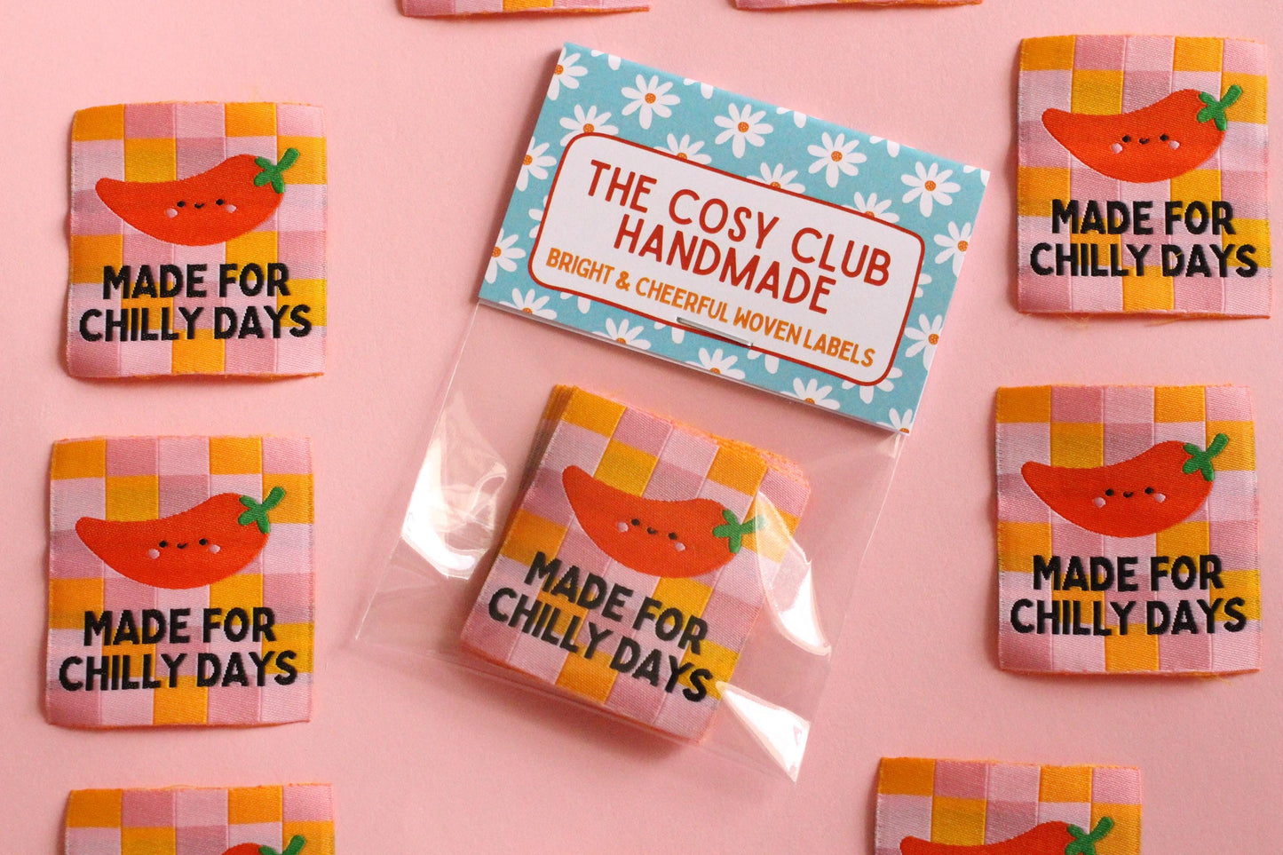 Fun Woven Clothing Labels – Pack of 5 “Made for Chilly Days” Tags, Super Soft Sewing Labels for Handmade Items, Projects, Gift Labels - The Cosy Club Handmade