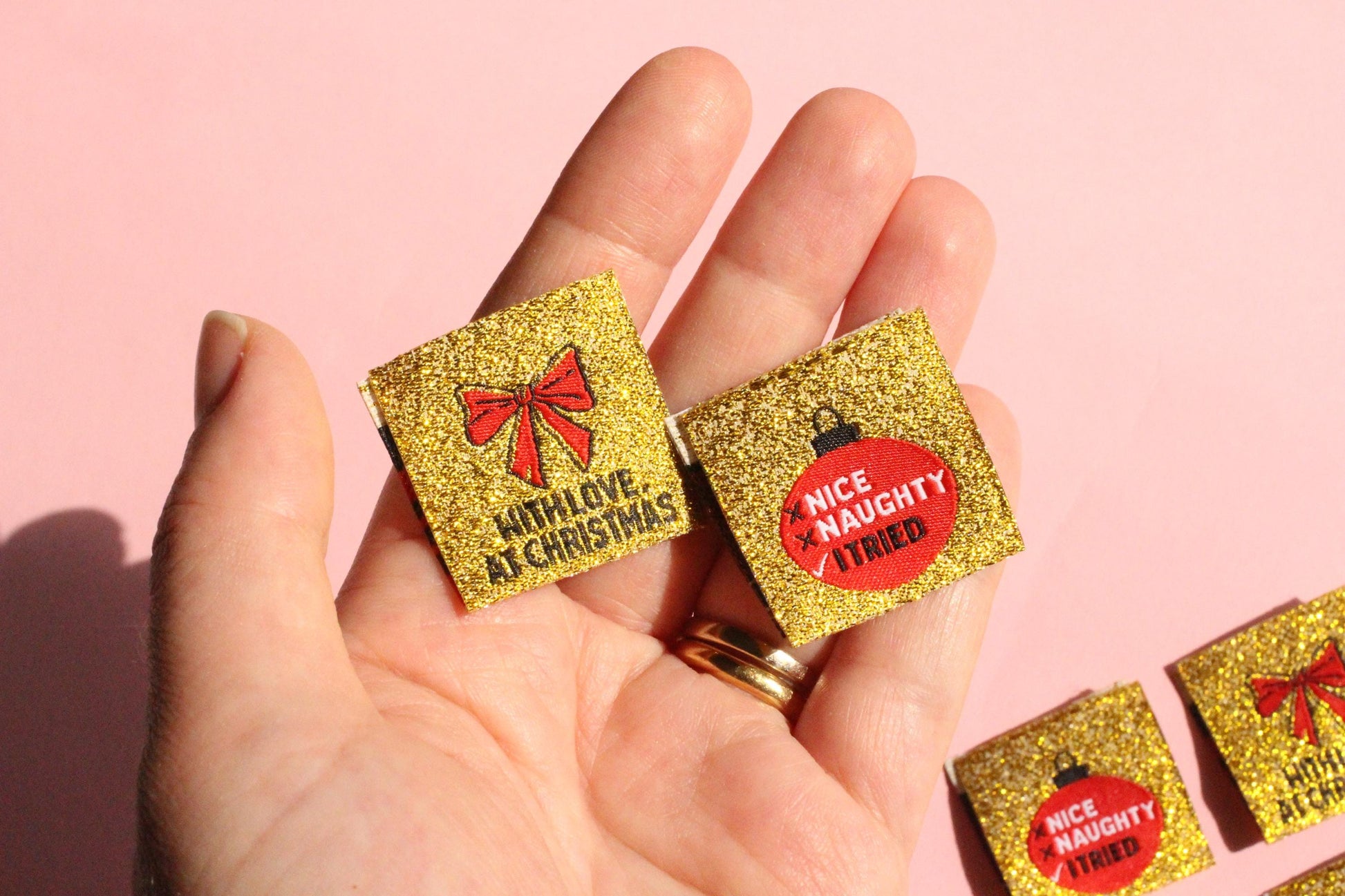 WITH LOVE, AT CHRISTMAS | Sparkly Gold Christmas Woven Sewing Labels (6 Pack) - The Cosy Club Handmade