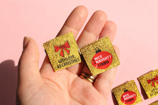 WITH LOVE, AT CHRISTMAS | Sparkly Gold Christmas Woven Sewing Labels (6 Pack) - The Cosy Club Handmade