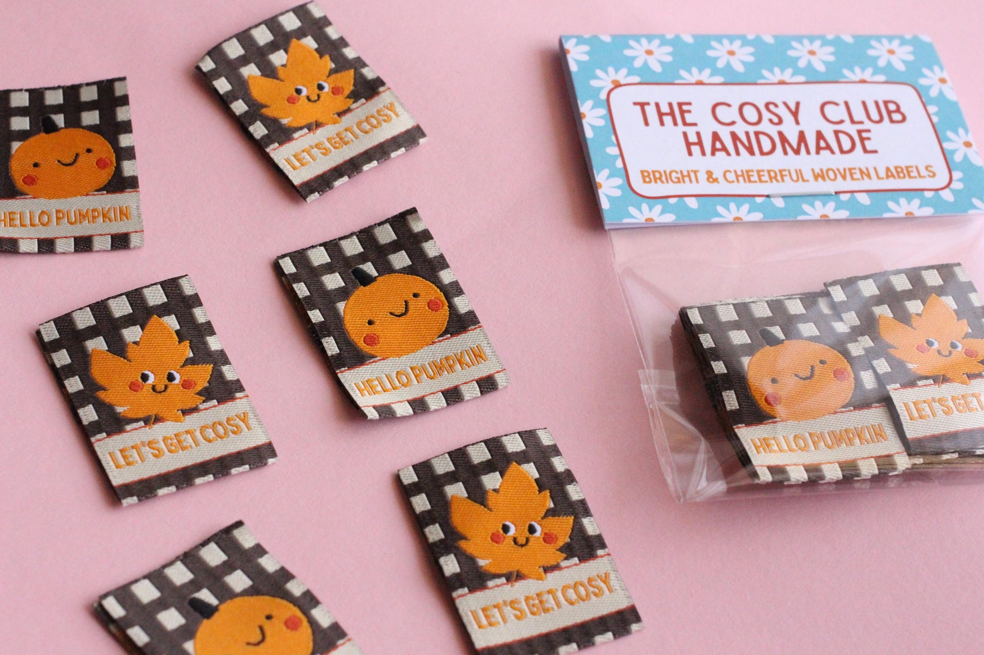 HELLO PUMPKIN / LET'S GET COSY | Autumn Fall Double Sided Woven Sewing Labels (6 Pack) - The Cosy Club Handmade