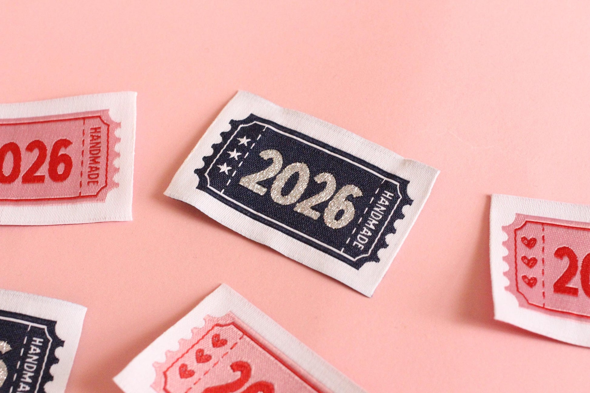 2026 Year Woven Sewing Labels - Pack of 6 vintage ticket design labels for handmade items, crochet, quilting, knitting, Blue or Pink - The Cosy Club Handmade