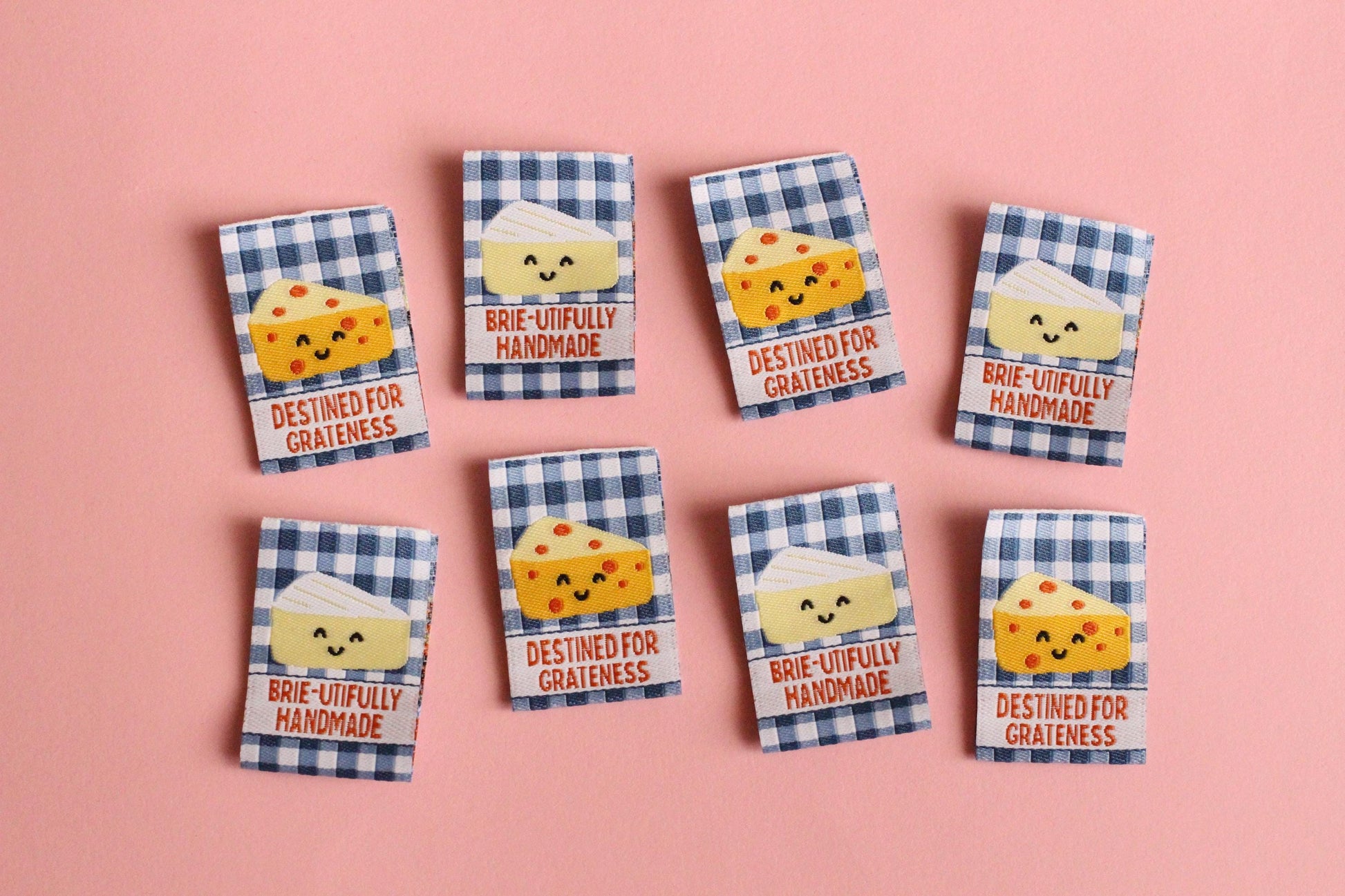 Cheese Woven Sewing Labels for Handmade – Pack of 6 Blue Gingham Punny Tags, “Brie-utifully Handmade / Destined for Grateness” - The Cosy Club Handmade