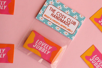 Colorful Woven Sewing Labels – Pack of 5 “Lovely Jubbly” Tags, Fun Clothing Labels for Handmade Clothes, Quilting & Sewing Projects - The Cosy Club Handmade