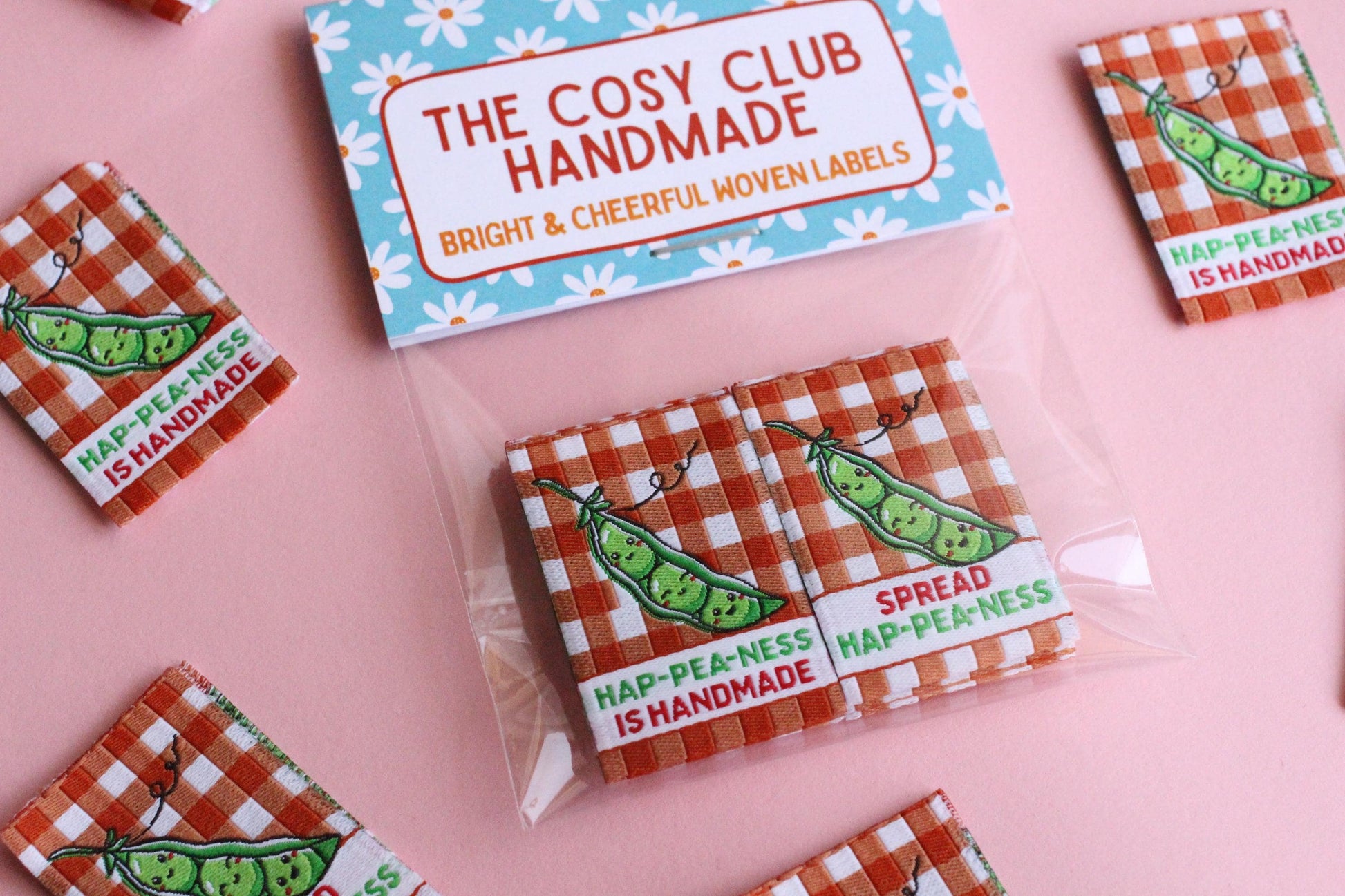 Gingham Woven Sewing Labels – Pack of 6 “Hap-Pea-Ness Is Handmade” Cute Tags, Fun Fabric Labels for Knitting, Quilting & Handmade Clothes - The Cosy Club Handmade