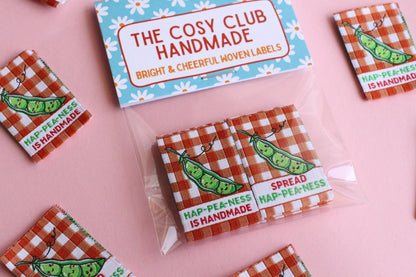 Gingham Woven Sewing Labels – Pack of 6 “Hap-Pea-Ness Is Handmade” Cute Tags, Fun Fabric Labels for Knitting, Quilting & Handmade Clothes - The Cosy Club Handmade
