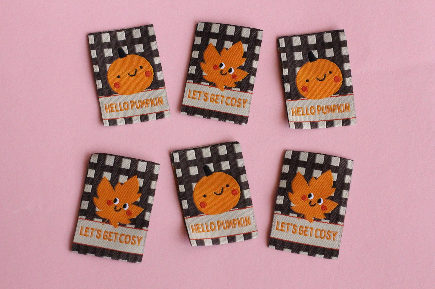 HELLO PUMPKIN / LET'S GET COSY | Autumn Fall Double Sided Woven Sewing Labels (6 Pack) - The Cosy Club Handmade