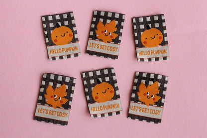 HELLO PUMPKIN / LET'S GET COSY | Autumn Fall Double Sided Woven Sewing Labels (6 Pack) - The Cosy Club Handmade
