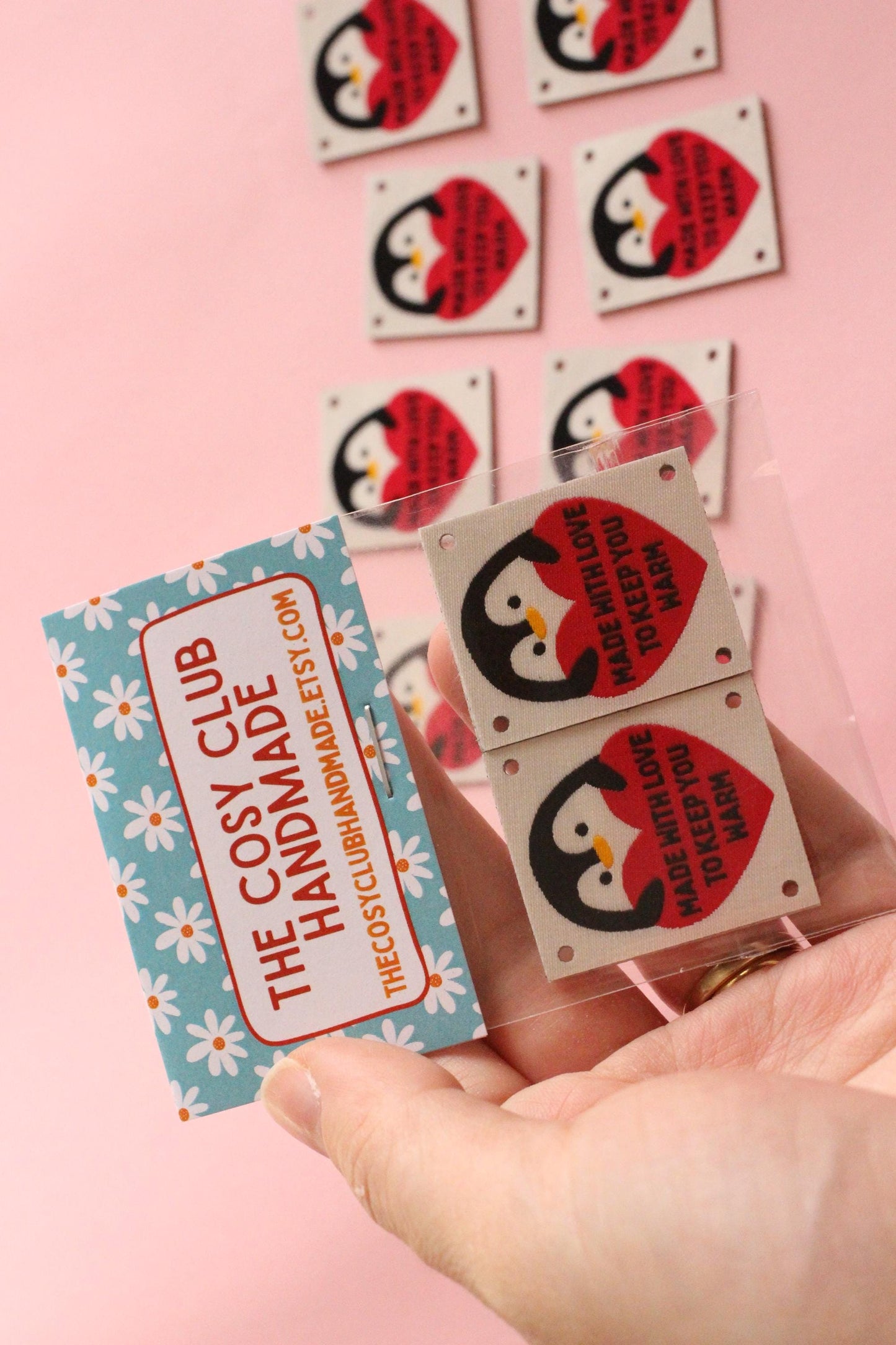 Woven KNITTING / CROCHET Labels – Pack of 5 “Made With Love To Keep You Warm” Interfaced Penguin Knitting Tags, Fabric Labels for Handmade - The Cosy Club Handmade