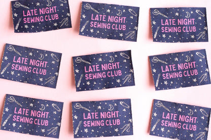 Woven Sewing Labels – Pack of 5 Silver Navy “Late Night Sewing Club” Tags, Fun Clothing Labels for Handmade Clothes, Tags for Handmade - The Cosy Club Handmade