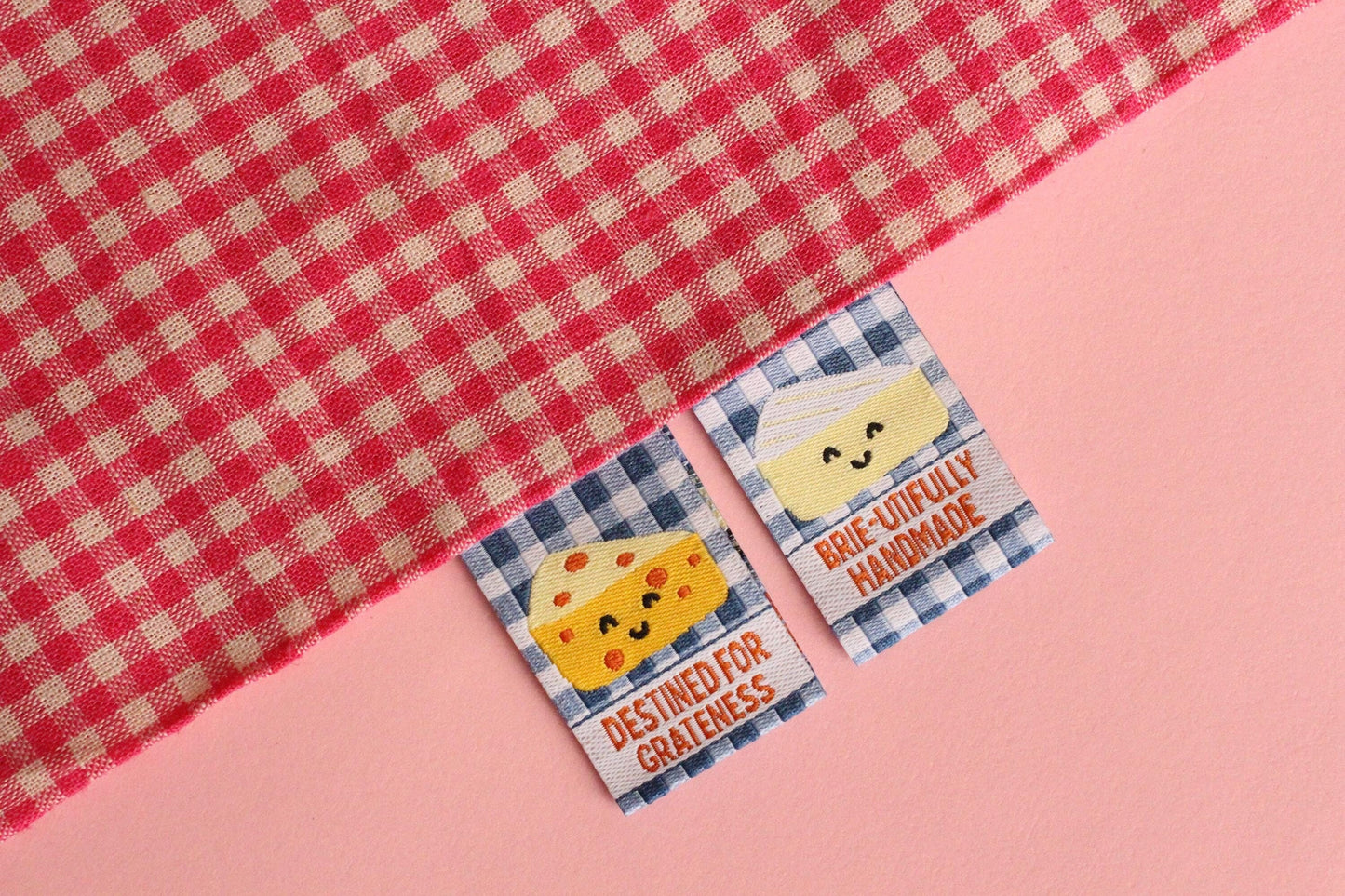 Cheese Woven Sewing Labels for Handmade – Pack of 6 Blue Gingham Punny Tags, “Brie-utifully Handmade / Destined for Grateness” - The Cosy Club Handmade