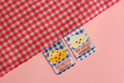 Cheese Woven Sewing Labels for Handmade – Pack of 6 Blue Gingham Punny Tags, “Brie-utifully Handmade / Destined for Grateness” - The Cosy Club Handmade