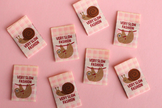Funny Woven Sewing Labels – Pack of 6 Snail & Sloth “Very Slow Fashion” Tags, Labels for Quilting, Knitting and Crochet - The Cosy Club Handmade