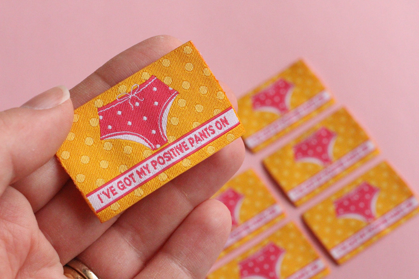 Cute Woven Sewing Labels "I've Got My Positive Pants On" Pack of 5 cute, fun sewing labels for handmade projects, funny, knitting, crochet - The Cosy Club Handmade