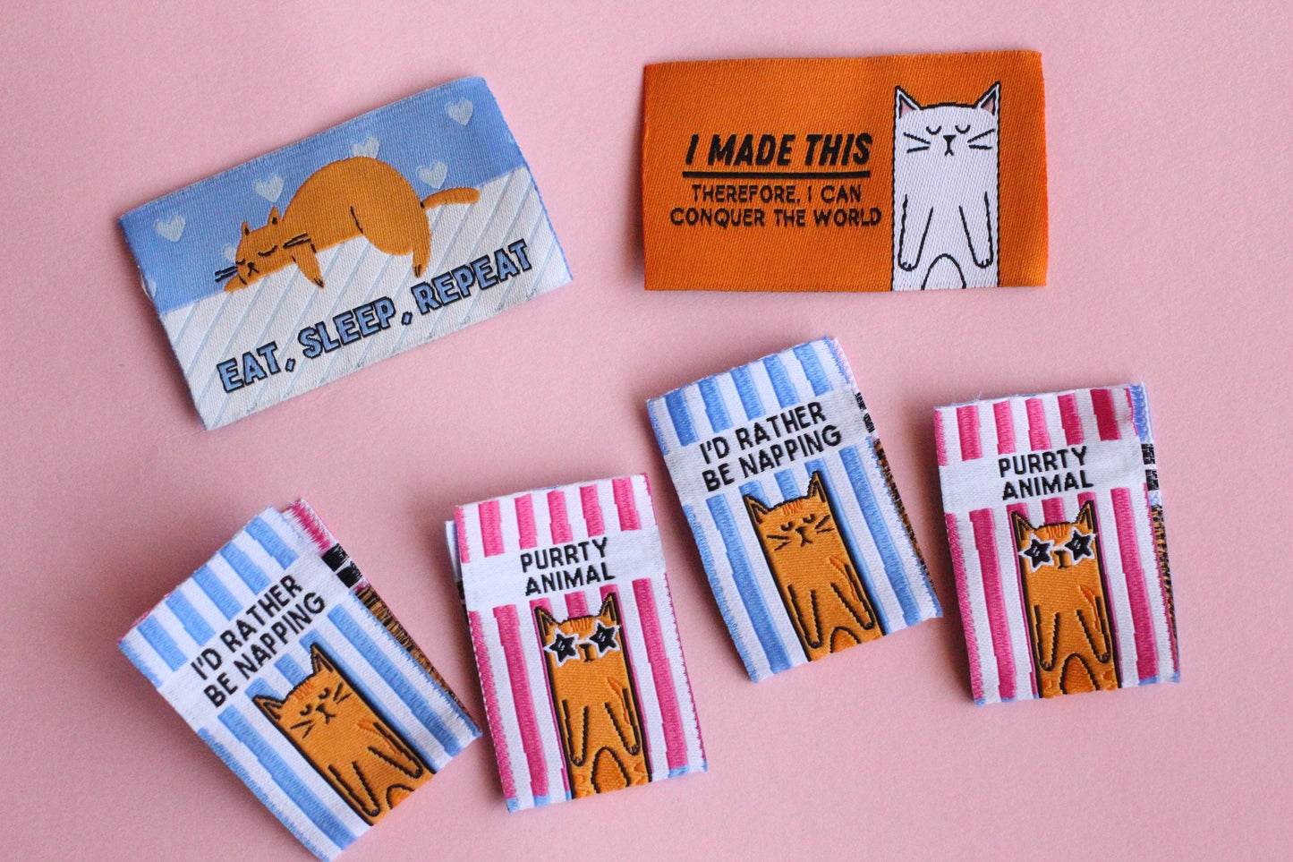 KITTY PACK | Pack of 6 cat themed woven sewing labels for handmade clothes/accessories "Size: Purrfect" "I'd Rather Be Napping" - The Cosy Club Handmade