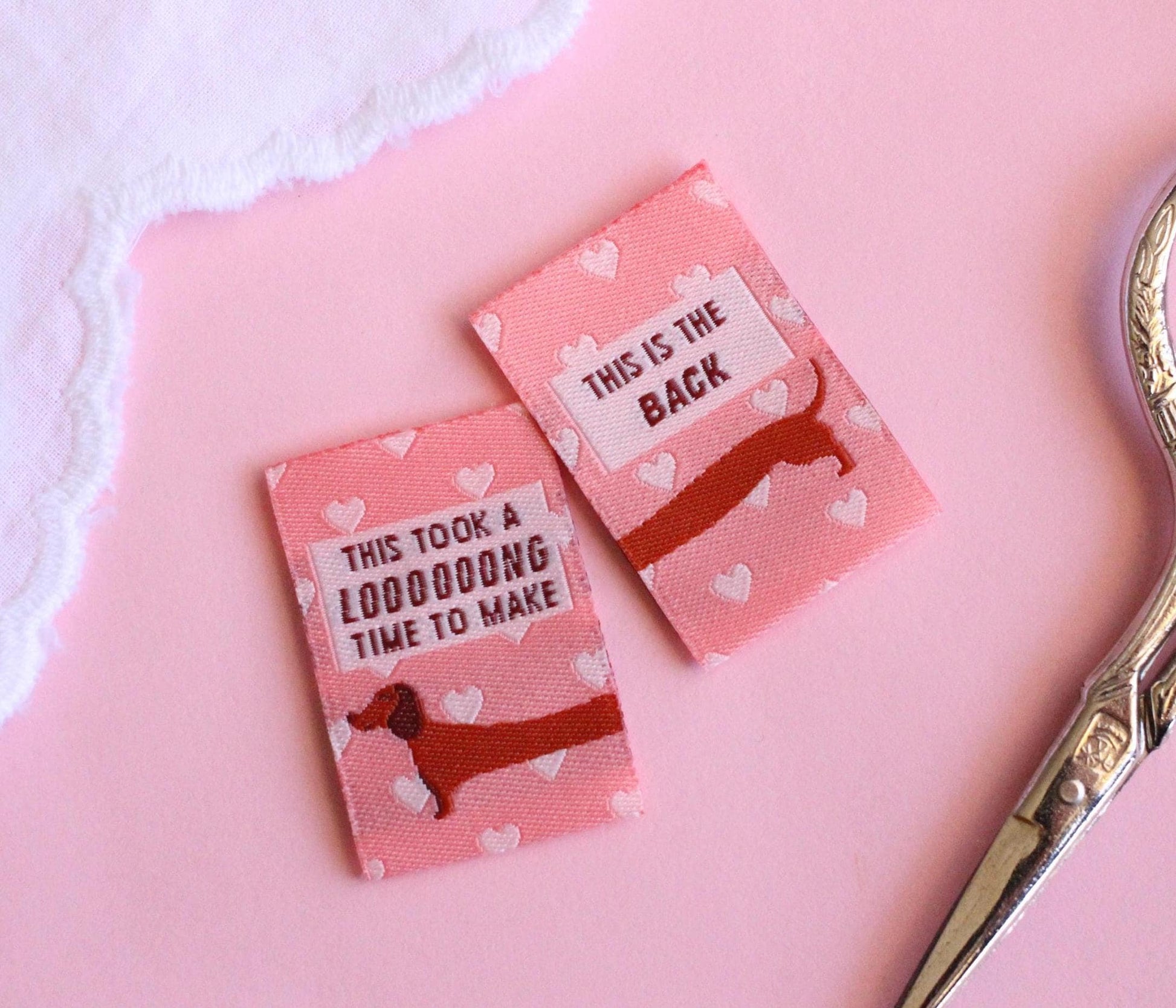 Woven Sewing Labels for Handmade Clothes – Pack of 6 Pink Sausage Dog Tags, “This Took A Long Time To Make” & “This Is the Back” - The Cosy Club Handmade