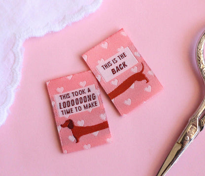 Woven Sewing Labels for Handmade Clothes – Pack of 6 Pink Sausage Dog Tags, “This Took A Long Time To Make” & “This Is the Back” - The Cosy Club Handmade