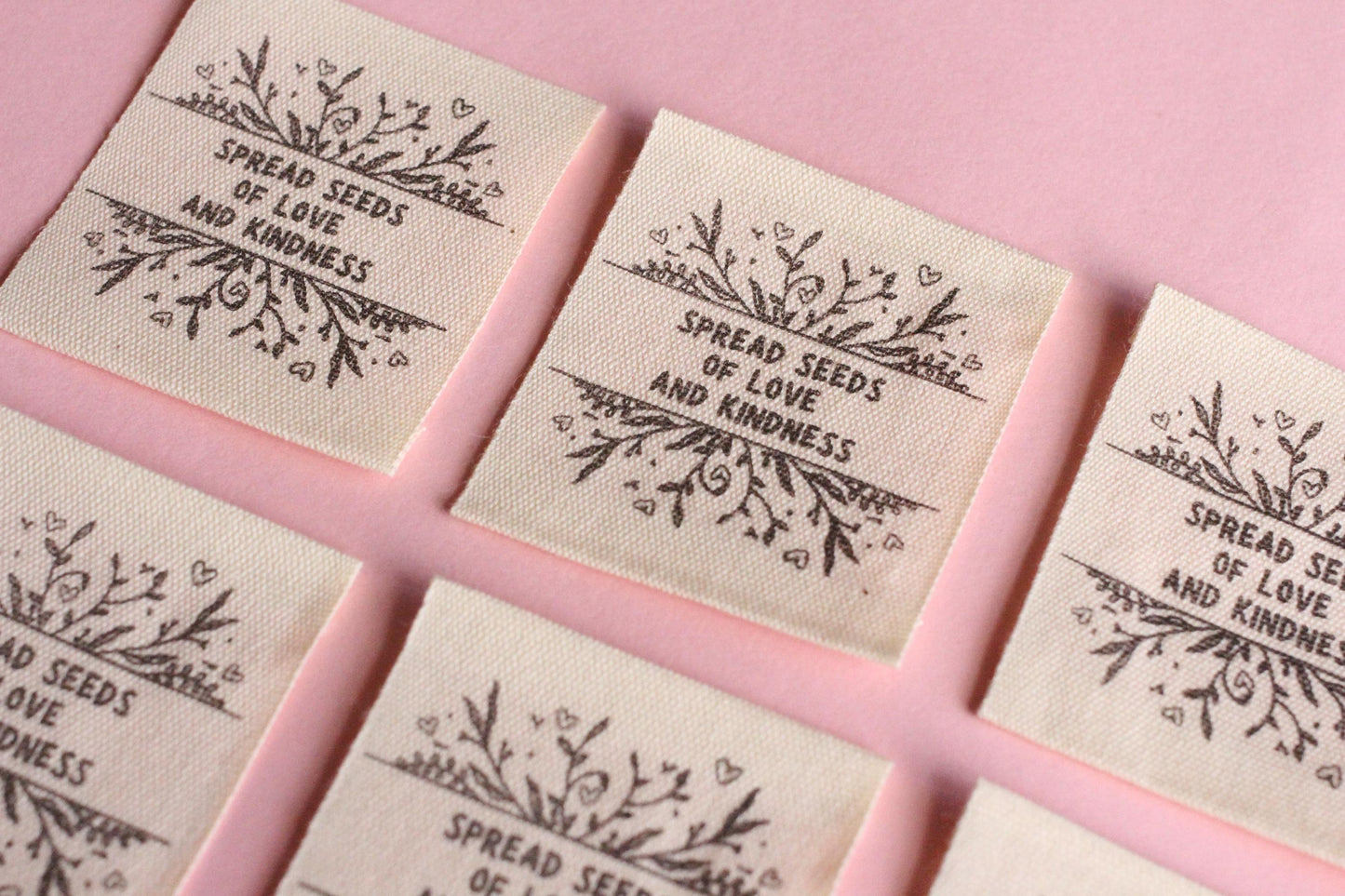 Organic Cotton Sewing Labels – Pack of 6 Unbleached “Spread Seeds of Love and Kindness” Tags, Eco-Friendly Labels for Knitting and Handmade - The Cosy Club Handmade