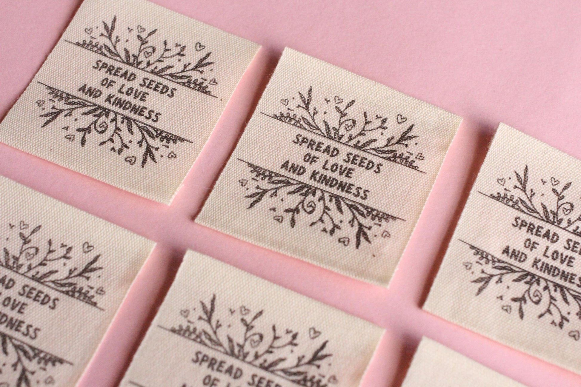 Organic Cotton Sewing Labels – Pack of 6 Unbleached “Spread Seeds of Love and Kindness” Tags, Eco-Friendly Labels for Knitting and Handmade - The Cosy Club Handmade
