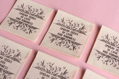 Organic Cotton Sewing Labels – Pack of 6 Unbleached “Spread Seeds of Love and Kindness” Tags, Eco-Friendly Labels for Knitting and Handmade - The Cosy Club Handmade