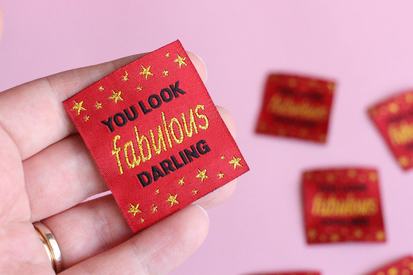 Metallic Gold Woven Sewing Labels – Pack of 5 “You Look Fabulous Darling” Tags, Handmade Clothing Labels for Crochet & Knitting - The Cosy Club Handmade