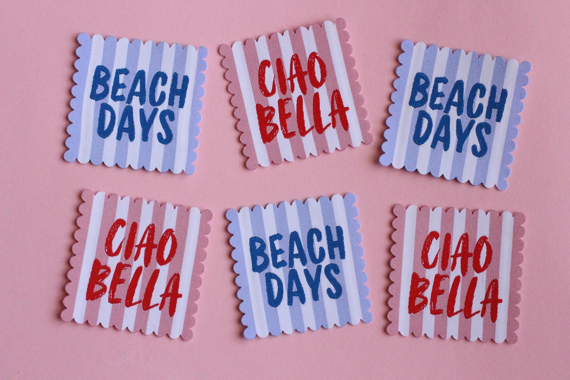 Ciao Bella SCALLOP EDGE Woven Sewing Labels: Cute Pink & White Stripe Clothes Tags for Handmade Projects, Summer Woven Labels, Interfaced - The Cosy Club Handmade