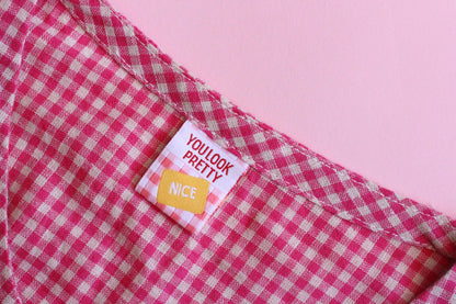 Sewing labels for handmade | Pack of 6 pink gingham woven sewing labels - "Lovingly Handmade" "You Look Pretty (Nice)" | Cute clothing tag - The Cosy Club Handmade
