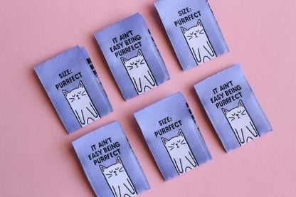 Cat Sewing Labels "Size: Purrfect" Woven Clothing Tags - Pack of 6 Double Sided Soft Woven Sewing Labels for Handmade Projects, Crochet, Fun - The Cosy Club Handmade
