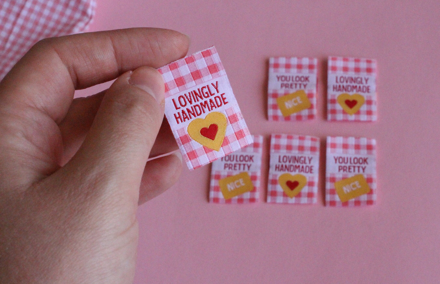 Sewing labels for handmade | Pack of 6 pink gingham woven sewing labels - "Lovingly Handmade" "You Look Pretty (Nice)" | Cute clothing tag - The Cosy Club Handmade