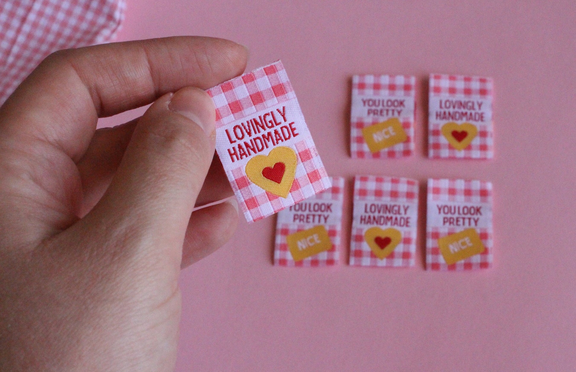Sewing labels for handmade | Pack of 6 pink gingham woven sewing labels - "Lovingly Handmade" "You Look Pretty (Nice)" | Cute clothing tag - The Cosy Club Handmade