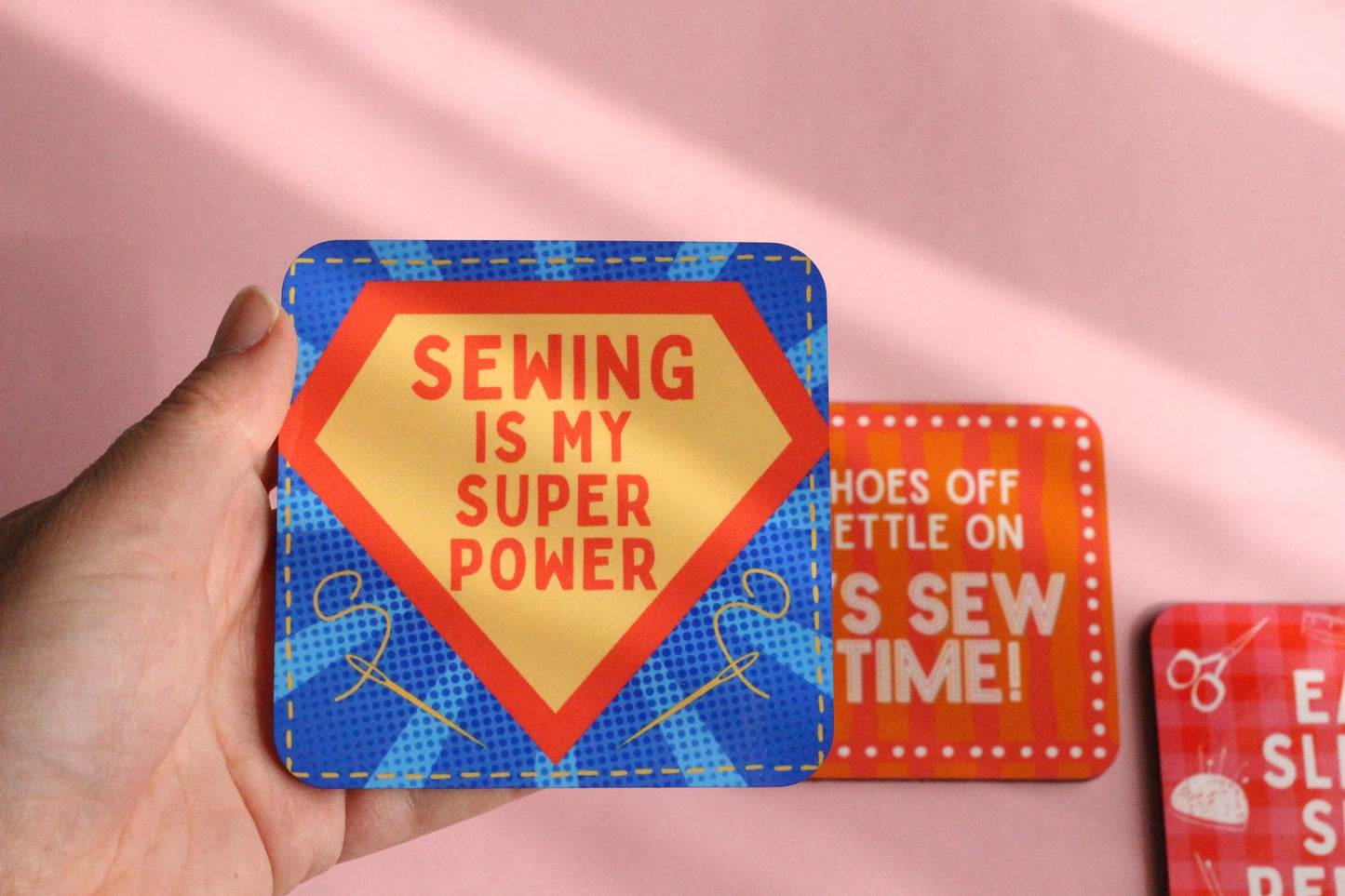 FUN SEWING COASTERS - Sewing themed coasters, Gifts for sewists, High quality hardboard coasters with a glossy top layer in 3 cute designs - The Cosy Club Handmade
