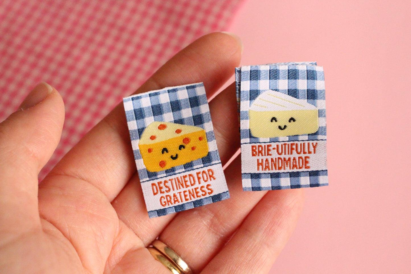 Cheese Woven Sewing Labels for Handmade – Pack of 6 Blue Gingham Punny Tags, “Brie-utifully Handmade / Destined for Grateness” - The Cosy Club Handmade