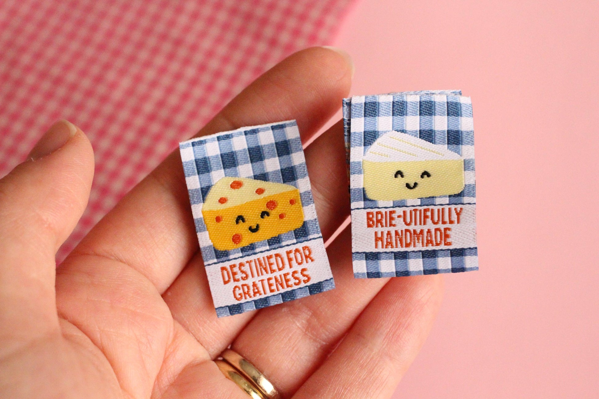 Cheese Woven Sewing Labels for Handmade – Pack of 6 Blue Gingham Punny Tags, “Brie-utifully Handmade / Destined for Grateness” - The Cosy Club Handmade
