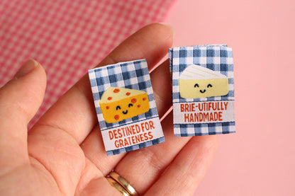 Cheese Woven Sewing Labels for Handmade – Pack of 6 Blue Gingham Punny Tags, “Brie-utifully Handmade / Destined for Grateness” - The Cosy Club Handmade