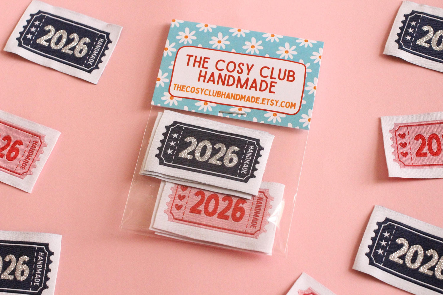 2026 Year Woven Sewing Labels - Pack of 6 vintage ticket design labels for handmade items, crochet, quilting, knitting, Blue or Pink - The Cosy Club Handmade