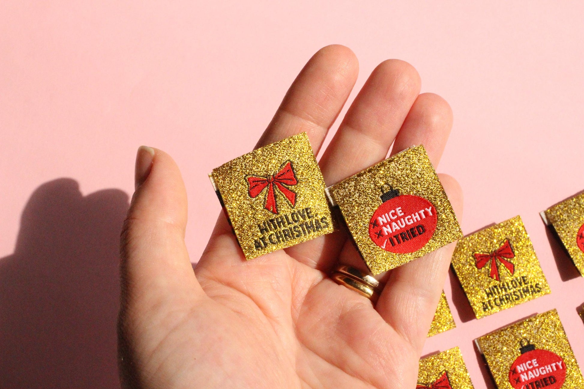 WITH LOVE, AT CHRISTMAS | Sparkly Gold Christmas Woven Sewing Labels (6 Pack) - The Cosy Club Handmade
