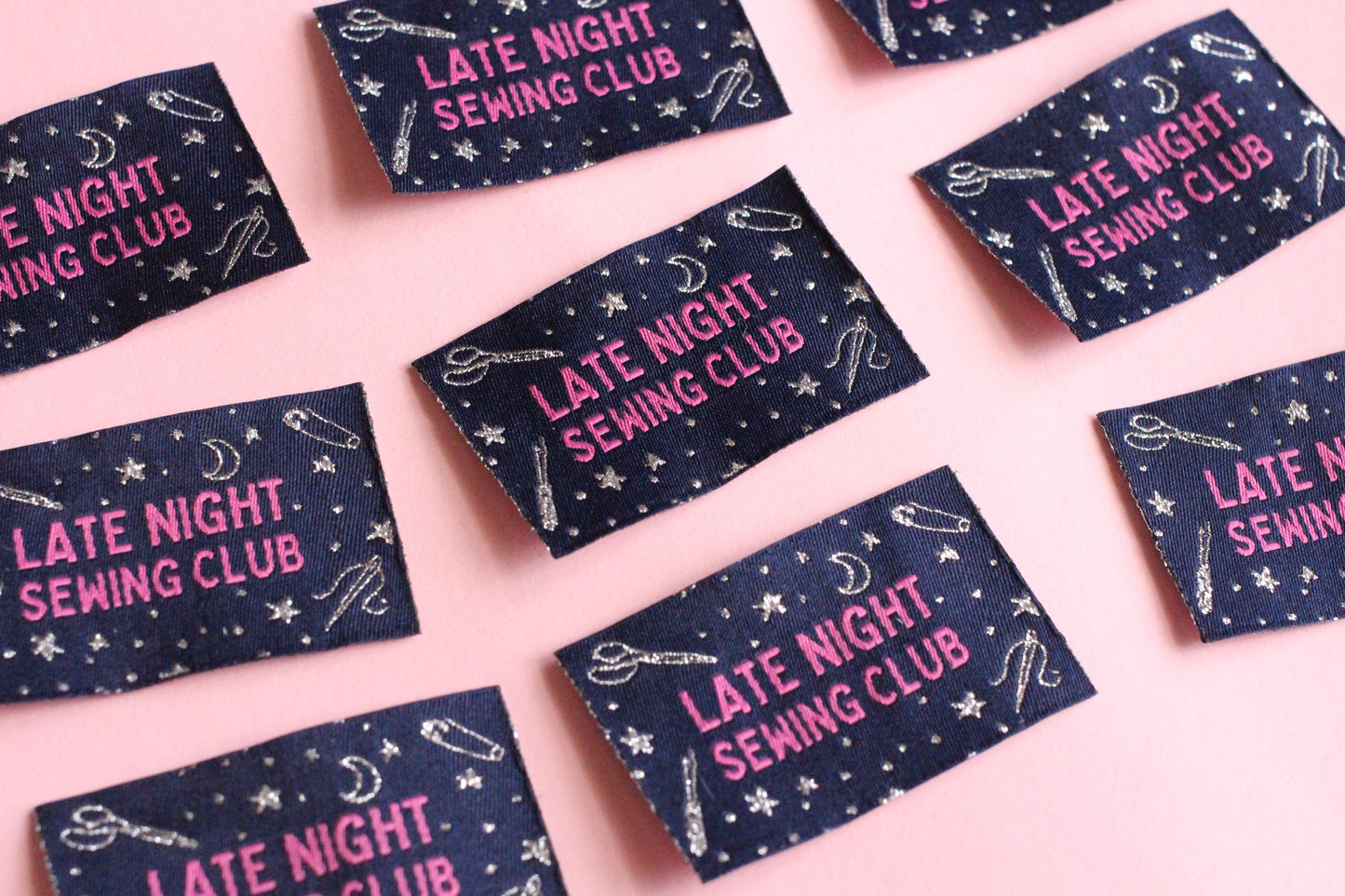 Woven Sewing Labels – Pack of 5 Silver Navy “Late Night Sewing Club” Tags, Fun Clothing Labels for Handmade Clothes, Tags for Handmade - The Cosy Club Handmade