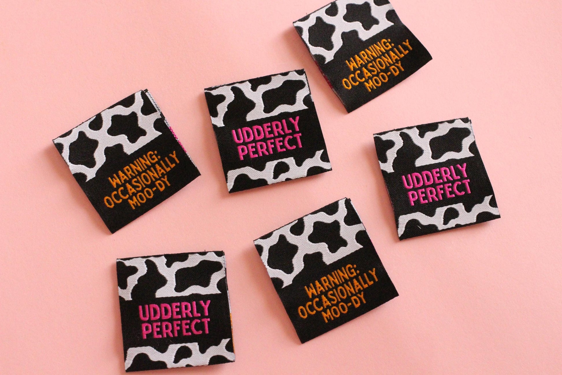 UDDERLY PERFECT / OCCASIONALLY MOO-DY | Cow Print Double Sided Woven Sewing Labels (6 Pack) - The Cosy Club Handmade