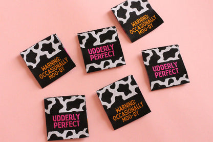 UDDERLY PERFECT / OCCASIONALLY MOO-DY | Cow Print Double Sided Woven Sewing Labels (6 Pack) - The Cosy Club Handmade