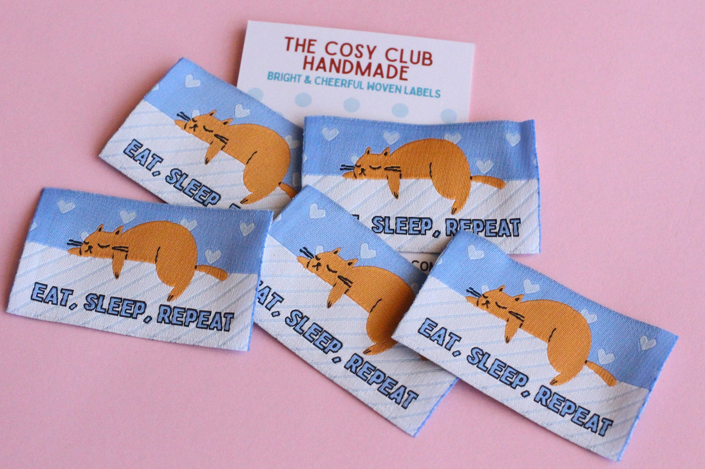 Ginger Cat Woven Sewing Labels: 'Eat Sleep Repeat' Pack of 5 Super Soft High Quality Fun Sewing Tags for Handmade Projects, Quilting, Crafts - The Cosy Club Handmade