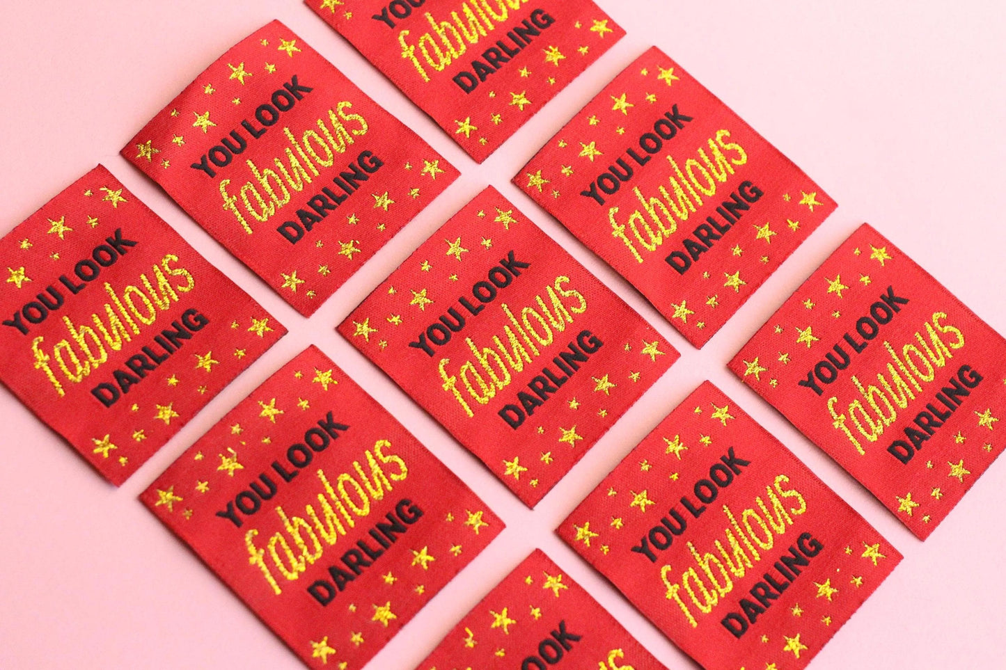 Metallic Gold Woven Sewing Labels – Pack of 5 “You Look Fabulous Darling” Tags, Handmade Clothing Labels for Crochet & Knitting - The Cosy Club Handmade