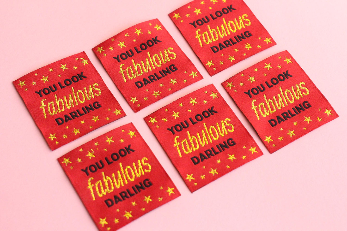Metallic Gold Woven Sewing Labels – Pack of 5 “You Look Fabulous Darling” Tags, Handmade Clothing Labels for Crochet & Knitting - The Cosy Club Handmade