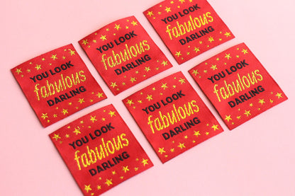 Metallic Gold Woven Sewing Labels – Pack of 5 “You Look Fabulous Darling” Tags, Handmade Clothing Labels for Crochet & Knitting - The Cosy Club Handmade