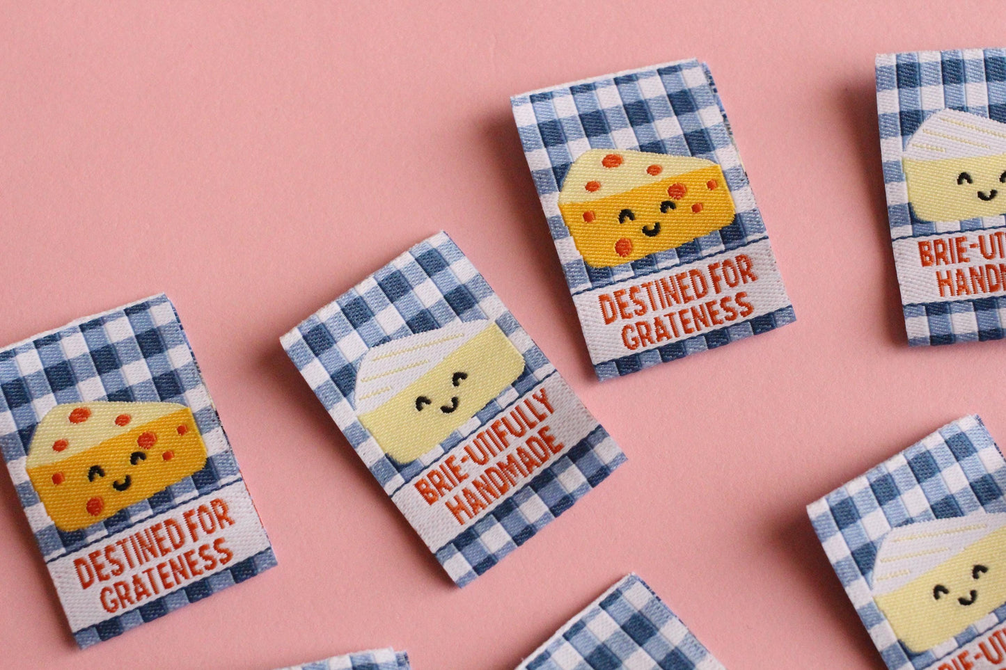 Cheese Woven Sewing Labels for Handmade – Pack of 6 Blue Gingham Punny Tags, “Brie-utifully Handmade / Destined for Grateness” - The Cosy Club Handmade