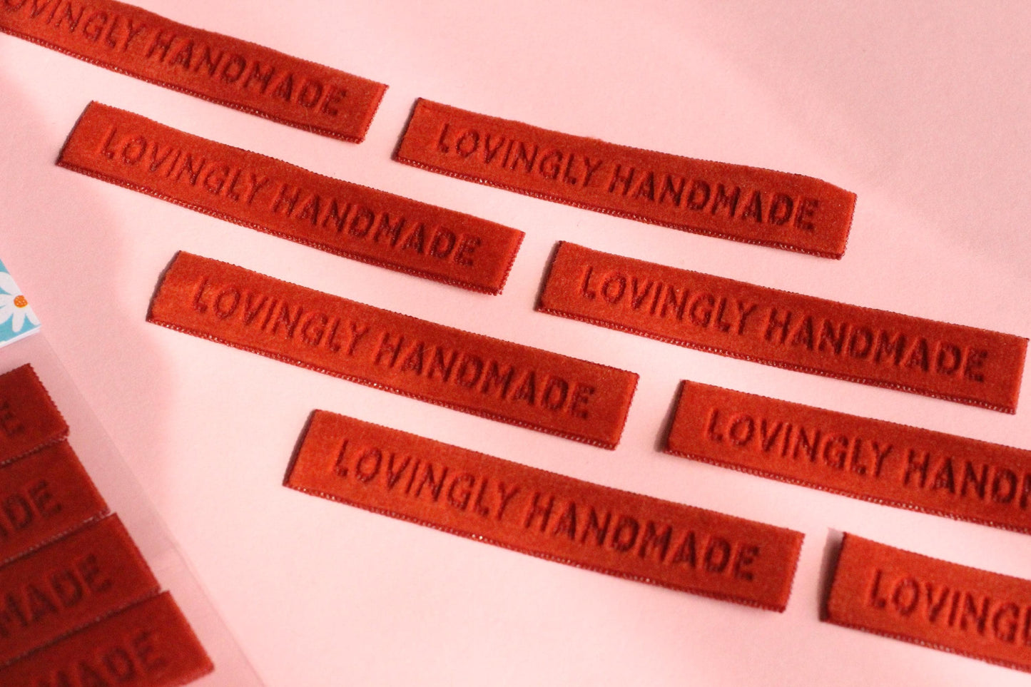 Velvet labels for handmade clothes | Pack of 4 rust orange velvet sewing labels "Lovingly Handmade" | Soft velvet tags for handmade items - The Cosy Club Handmade