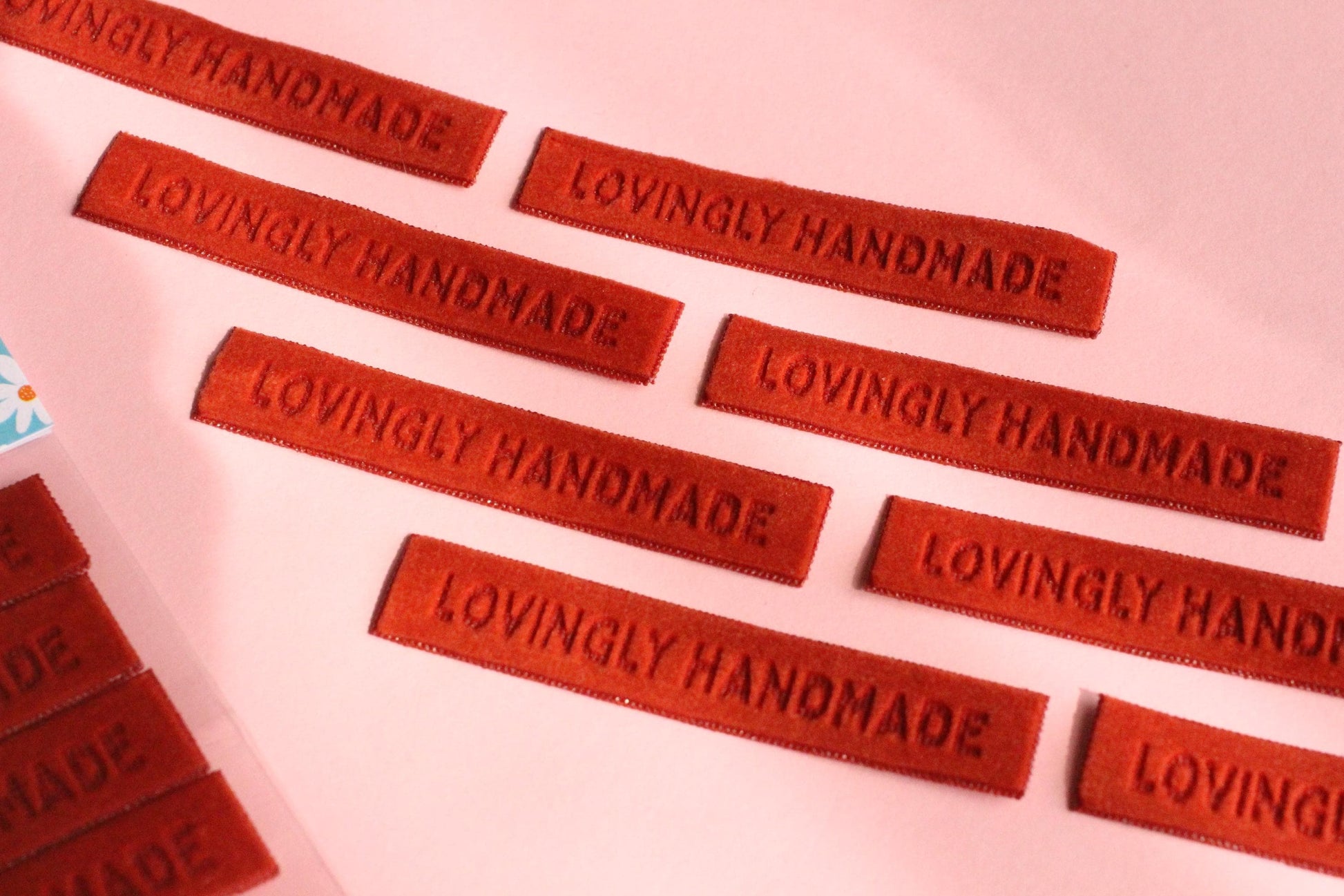 Velvet labels for handmade clothes | Pack of 4 rust orange velvet sewing labels "Lovingly Handmade" | Soft velvet tags for handmade items - The Cosy Club Handmade